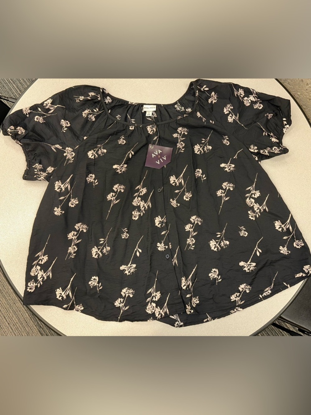 Ava & Viv Womens Plus Puff Elbow Sleeve Button Front Top Black Floral Pattern 2X
